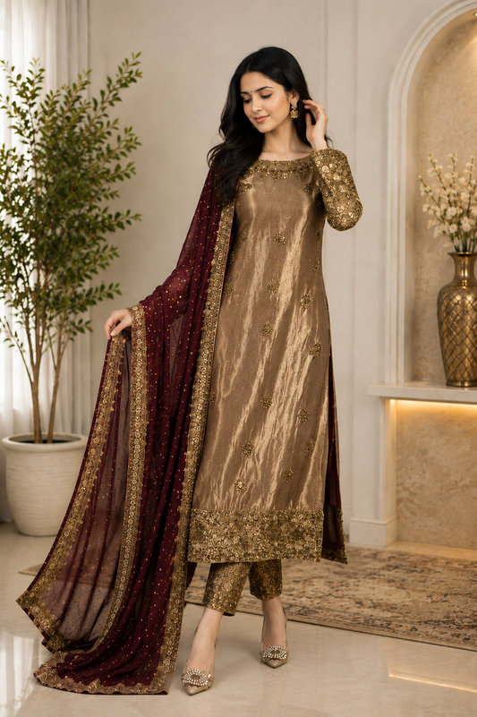 Gorgeous Bronze Embroidered Festive Suit Set with Maroon Dupatta