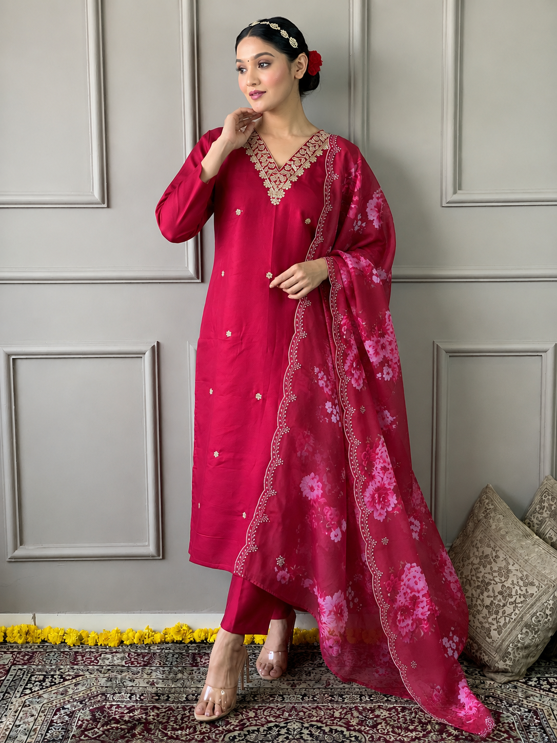 Festive Bloom Premium Embroidered Suit Set