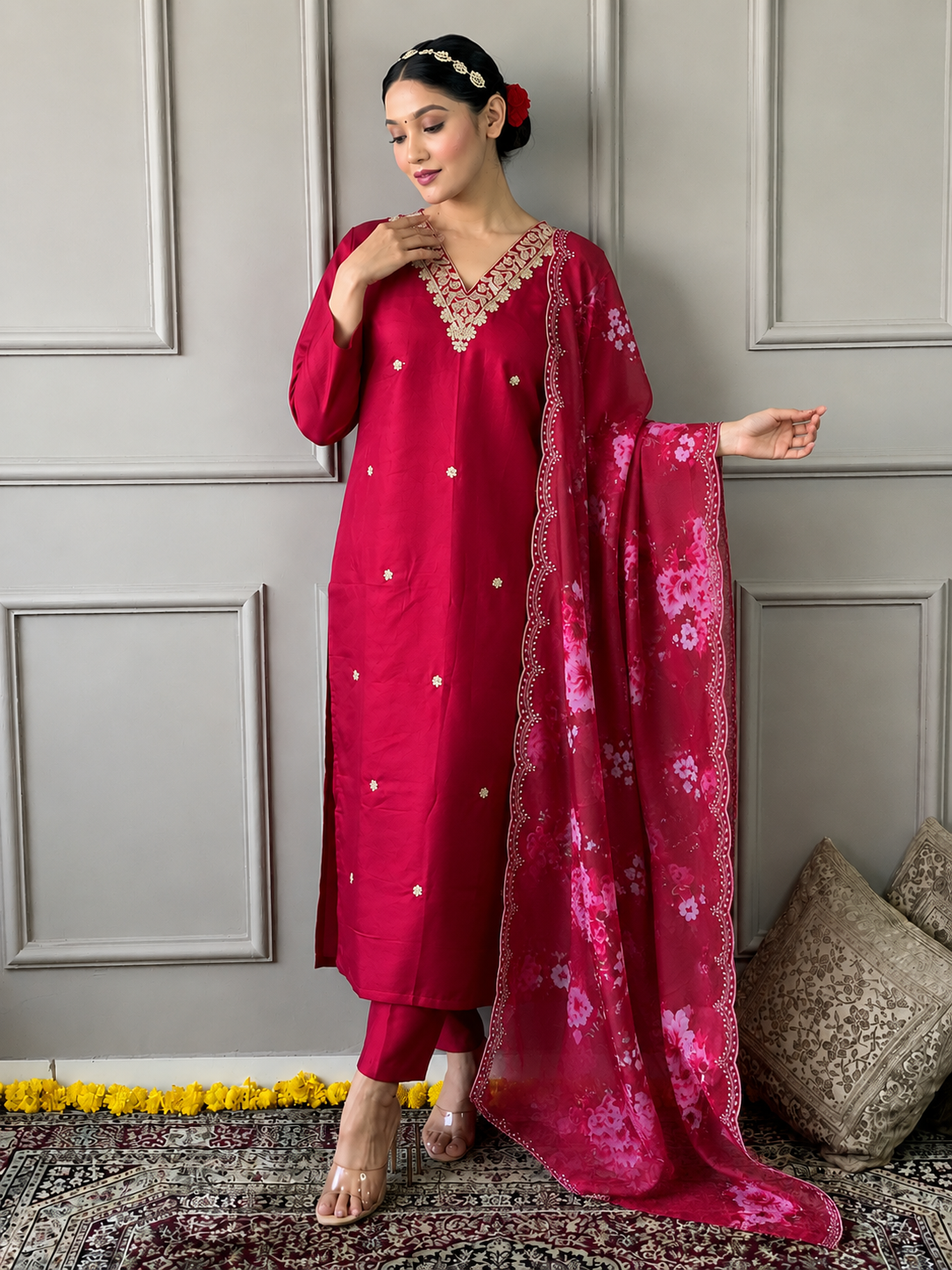 Festive Bloom Premium Embroidered Suit Set