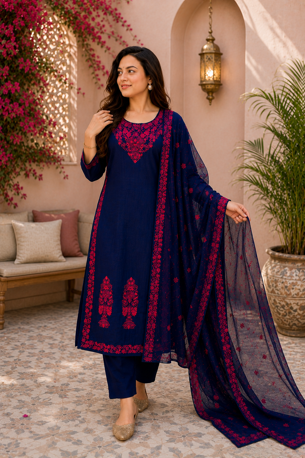 Midnight Cotton Bloom Navy Embroidered Suit Set