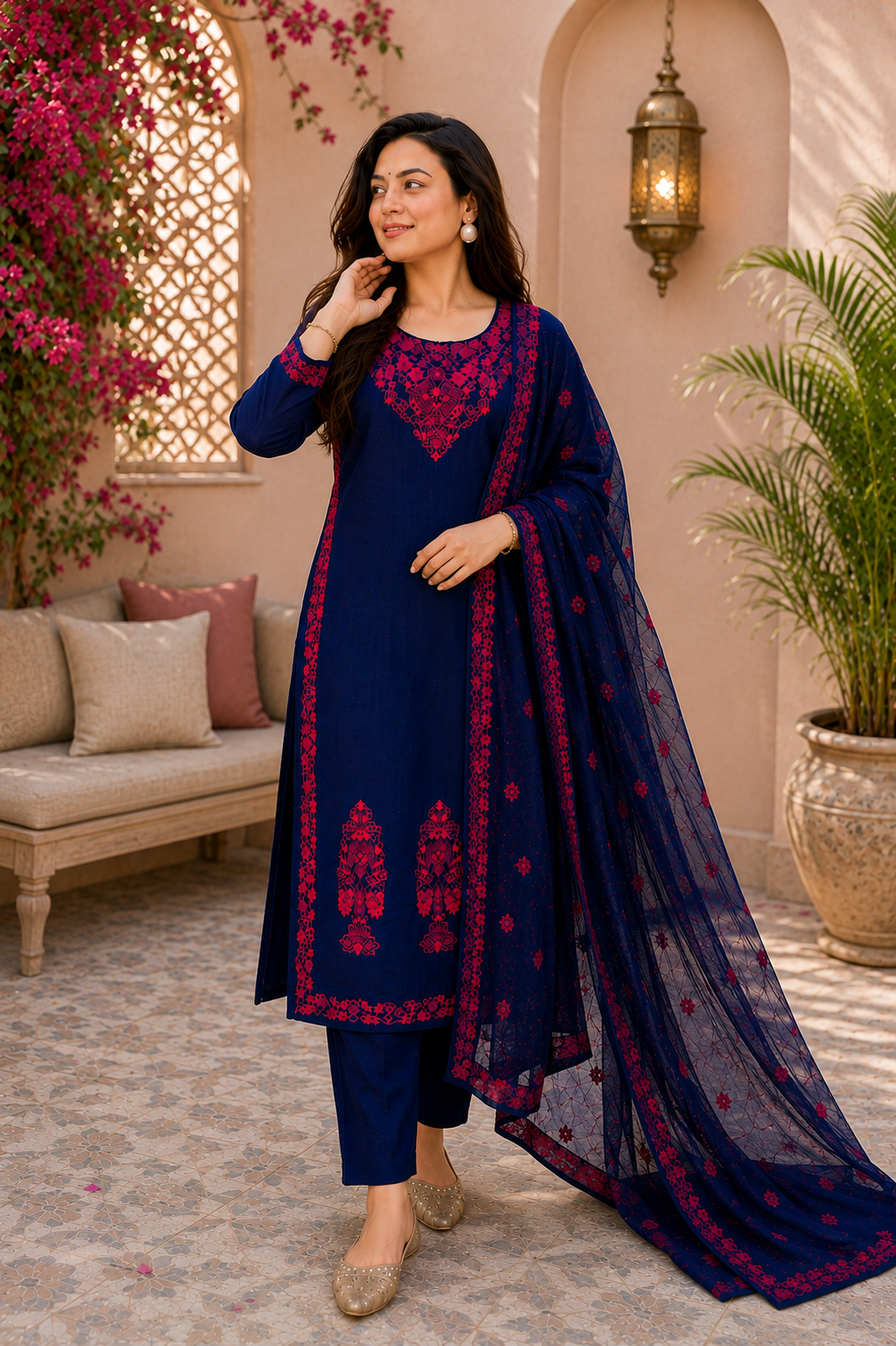 Midnight Cotton Bloom Navy Embroidered Suit Set