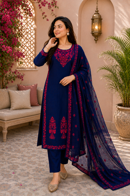Midnight Cotton Bloom Navy Embroidered Suit Set