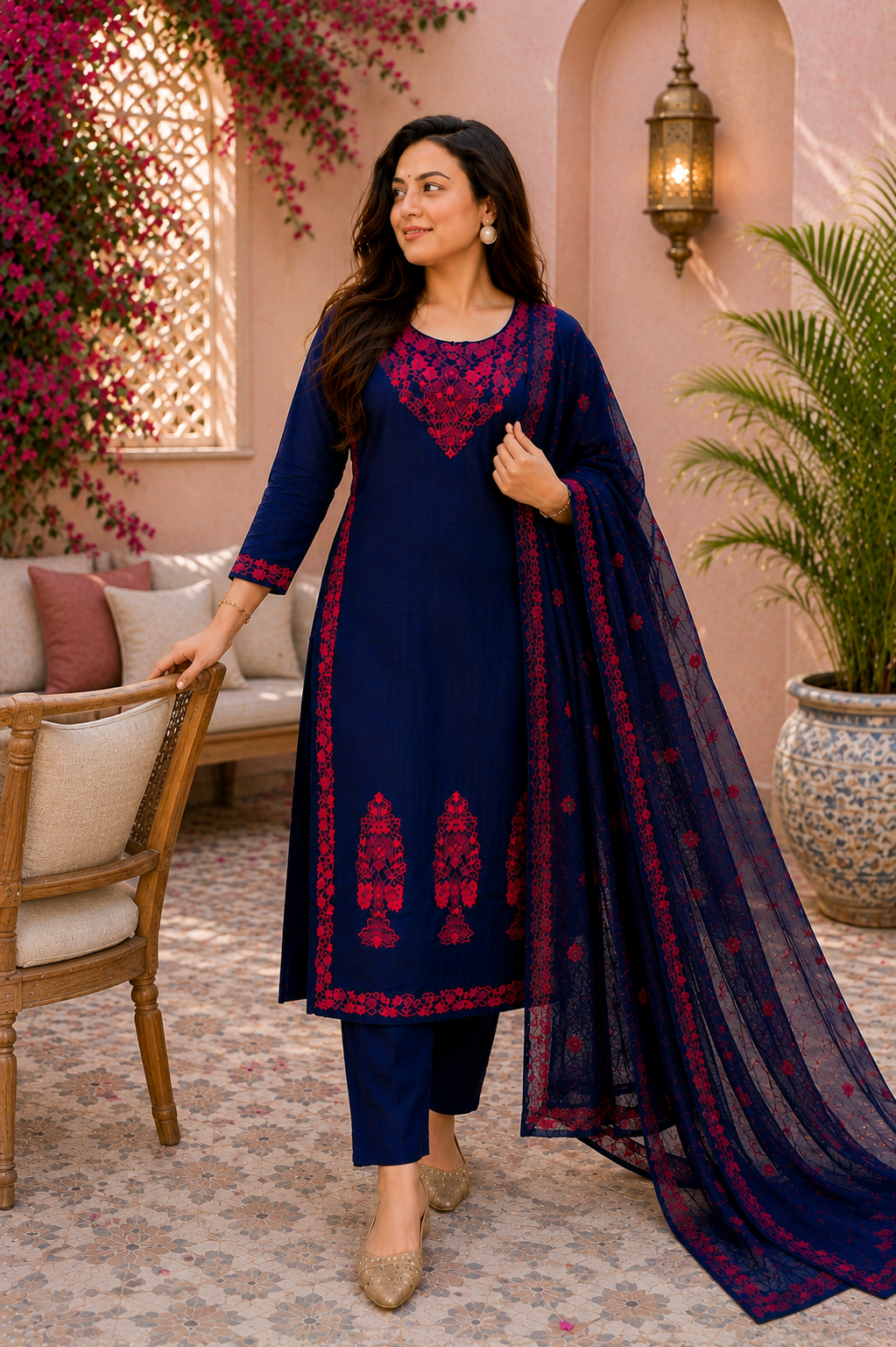 Midnight Cotton Bloom Navy Embroidered Suit Set