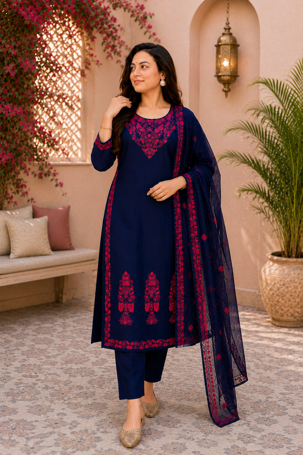 Midnight Cotton Bloom Navy Embroidered Suit Set