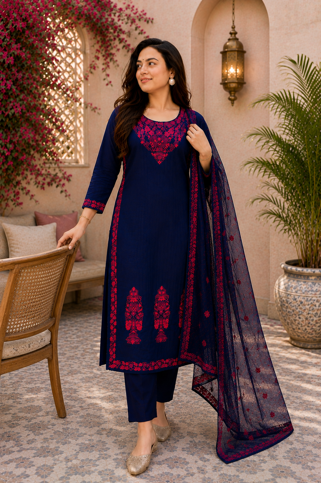 Midnight Cotton Bloom Navy Embroidered Suit Set