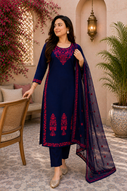 Midnight Cotton Bloom Navy Embroidered Suit Set