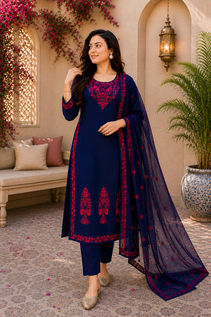 Midnight Cotton Bloom Navy Embroidered Suit Set