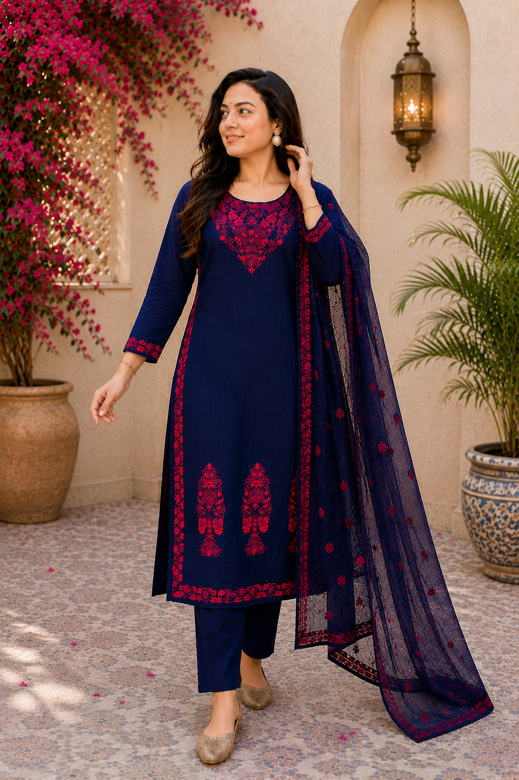 Midnight Cotton Bloom Navy Embroidered Suit Set