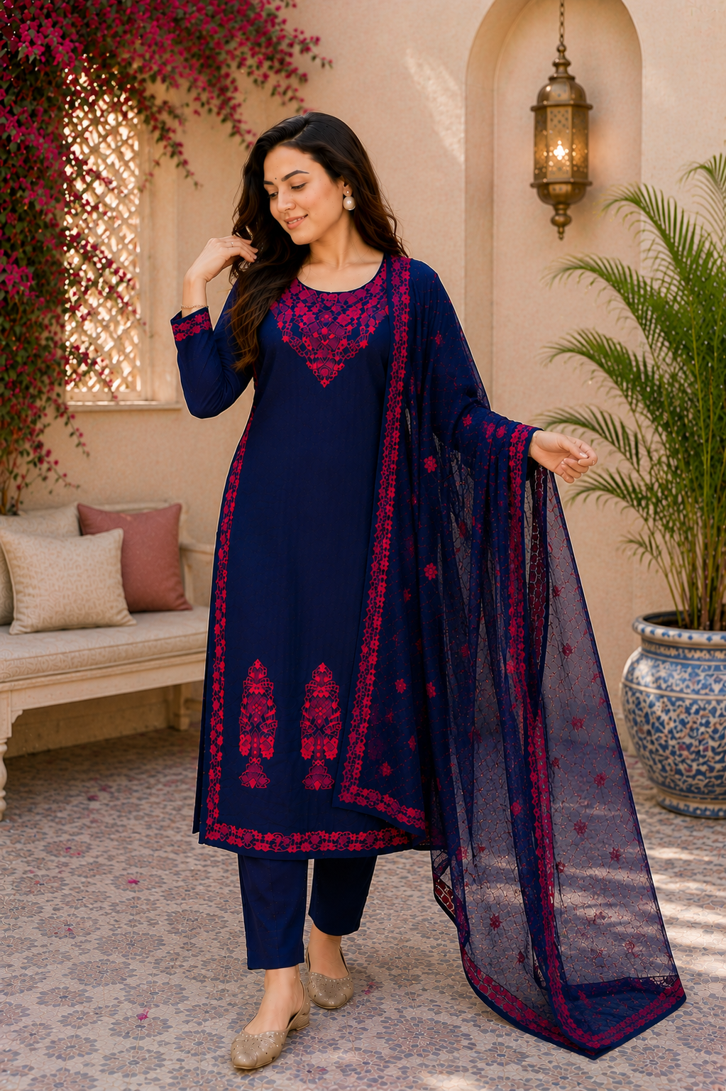 Midnight Cotton Bloom Navy Embroidered Suit Set