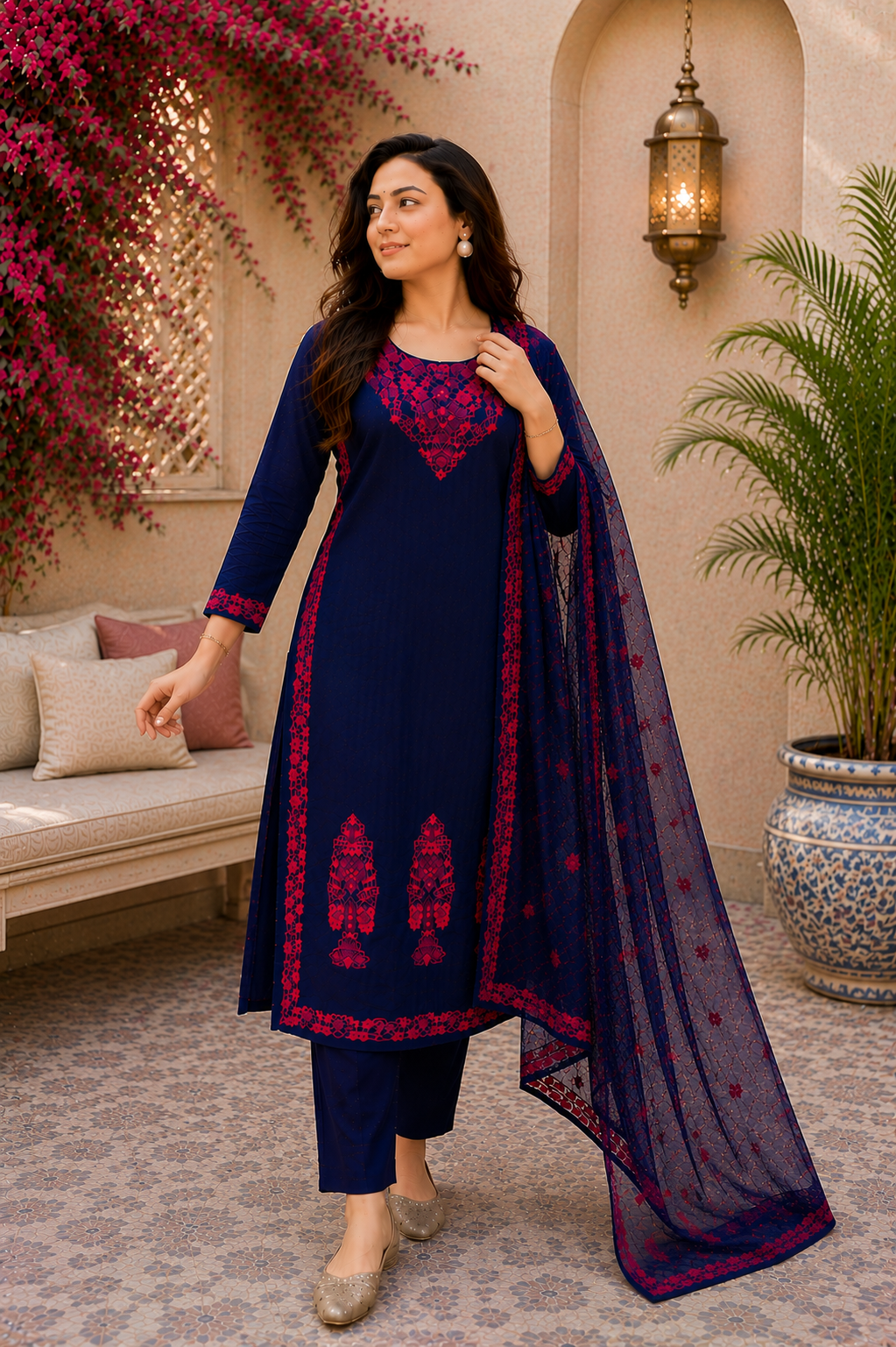 Midnight Cotton Bloom Navy Embroidered Suit Set