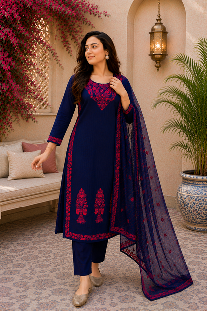 Midnight Cotton Bloom Navy Embroidered Suit Set