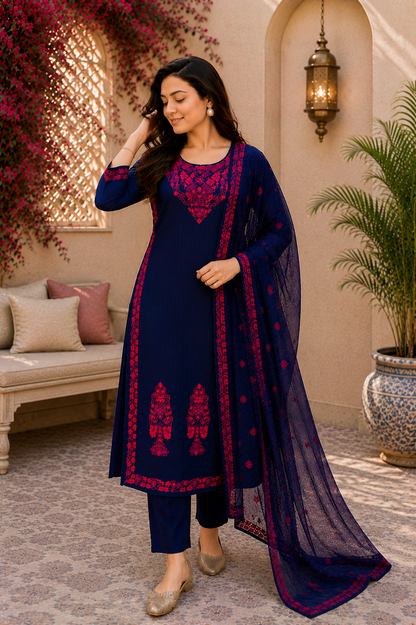 Midnight Cotton Bloom Navy Embroidered Suit Set