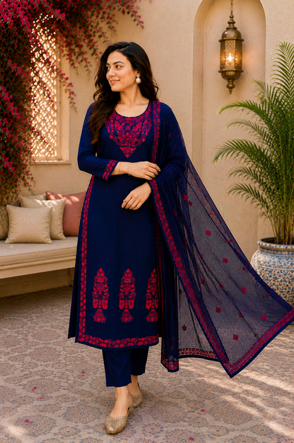 Midnight Cotton Bloom Navy Embroidered Suit Set
