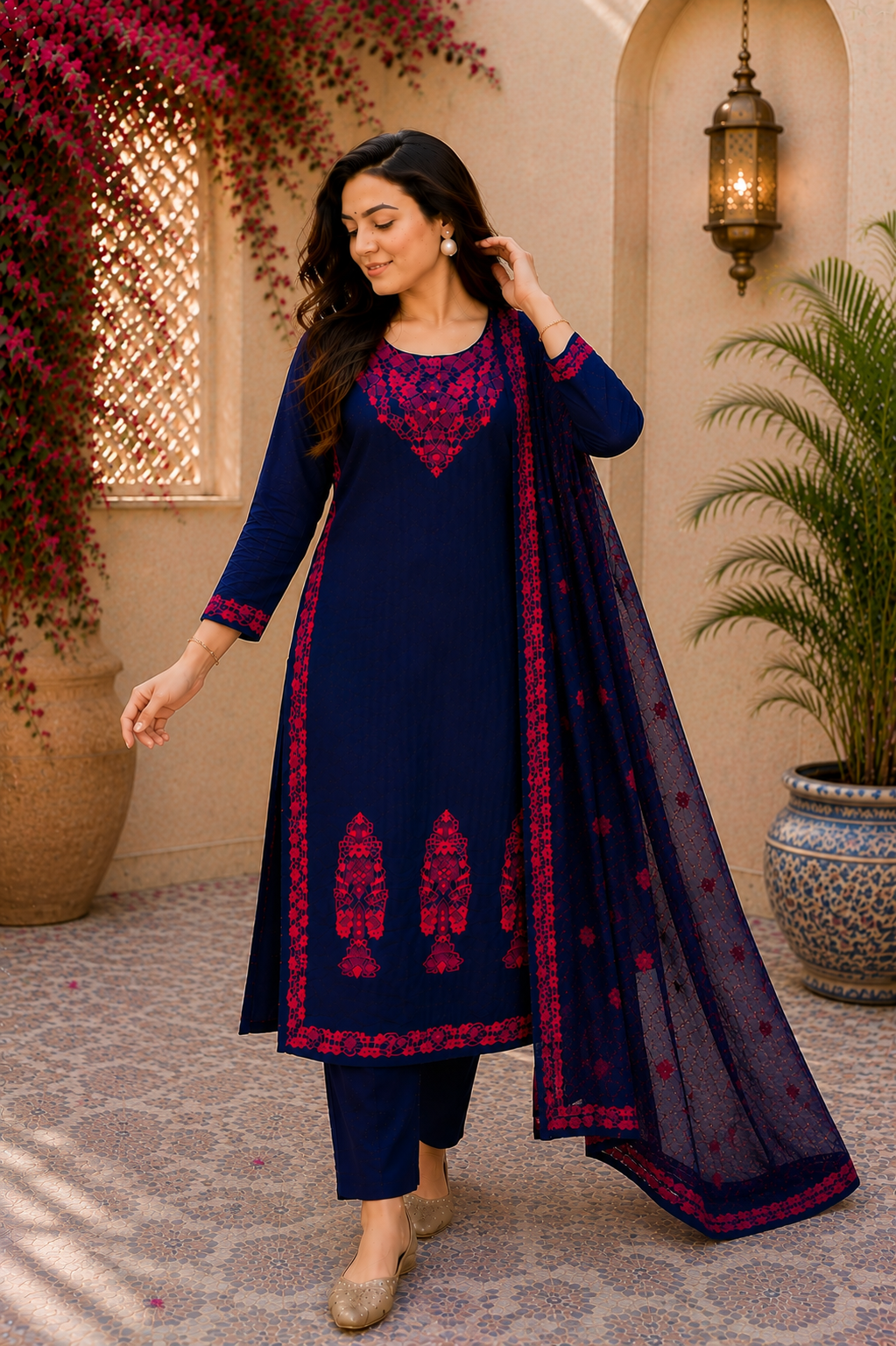 Midnight Cotton Bloom Navy Embroidered Suit Set