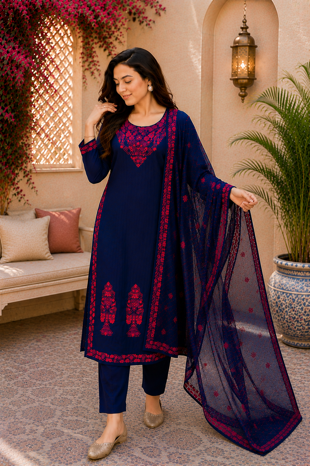Midnight Cotton Bloom Navy Embroidered Suit Set