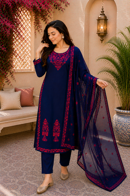 Midnight Cotton Bloom Navy Embroidered Suit Set