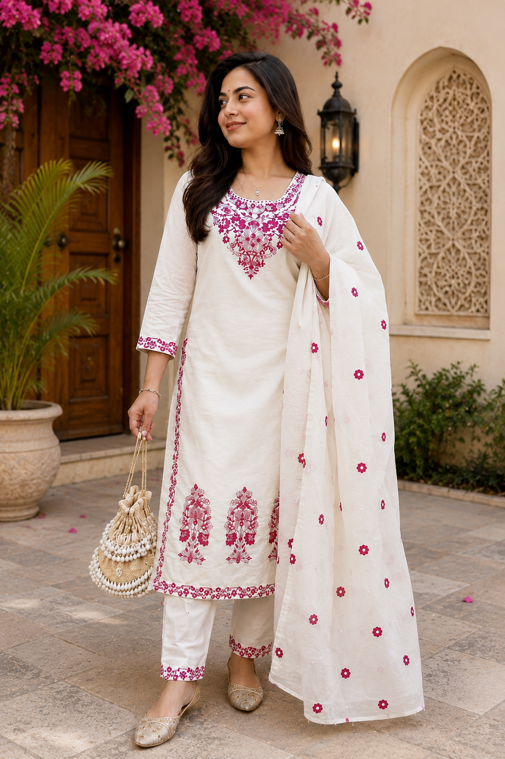 Pretty White Embroidered Cotton Suit Set