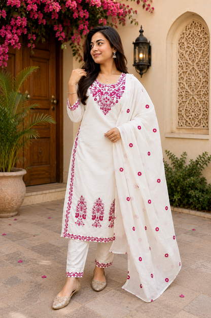 Pretty White Embroidered Cotton Suit Set