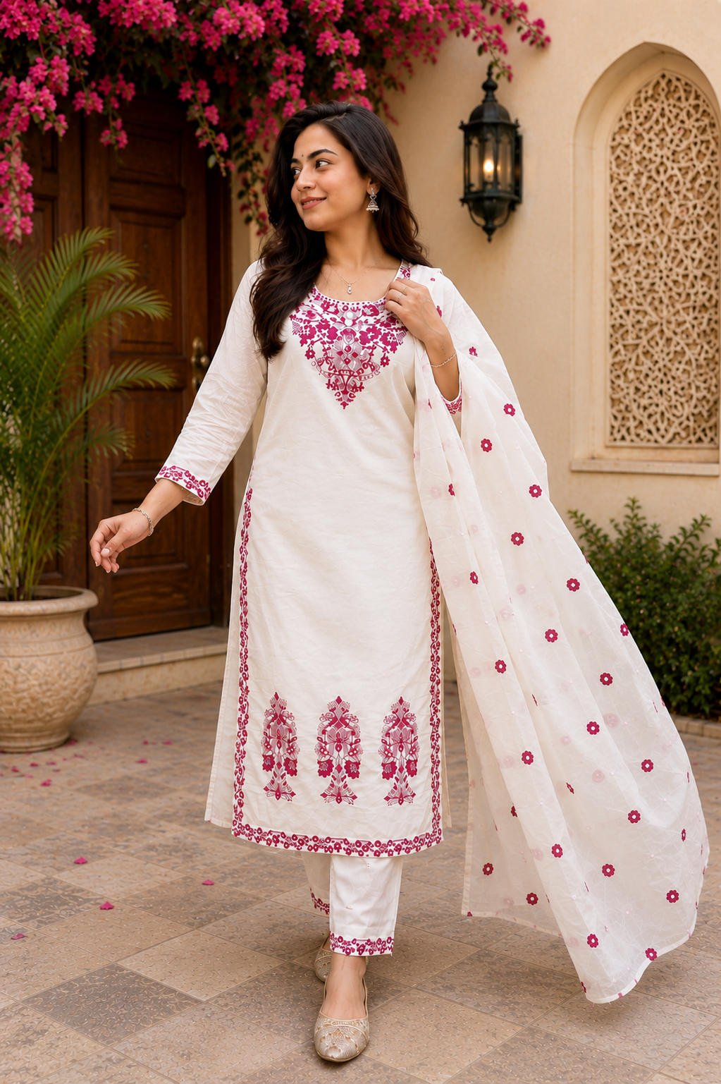Pretty White Embroidered Cotton Suit Set