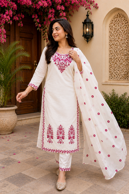 Pretty White Embroidered Cotton Suit Set