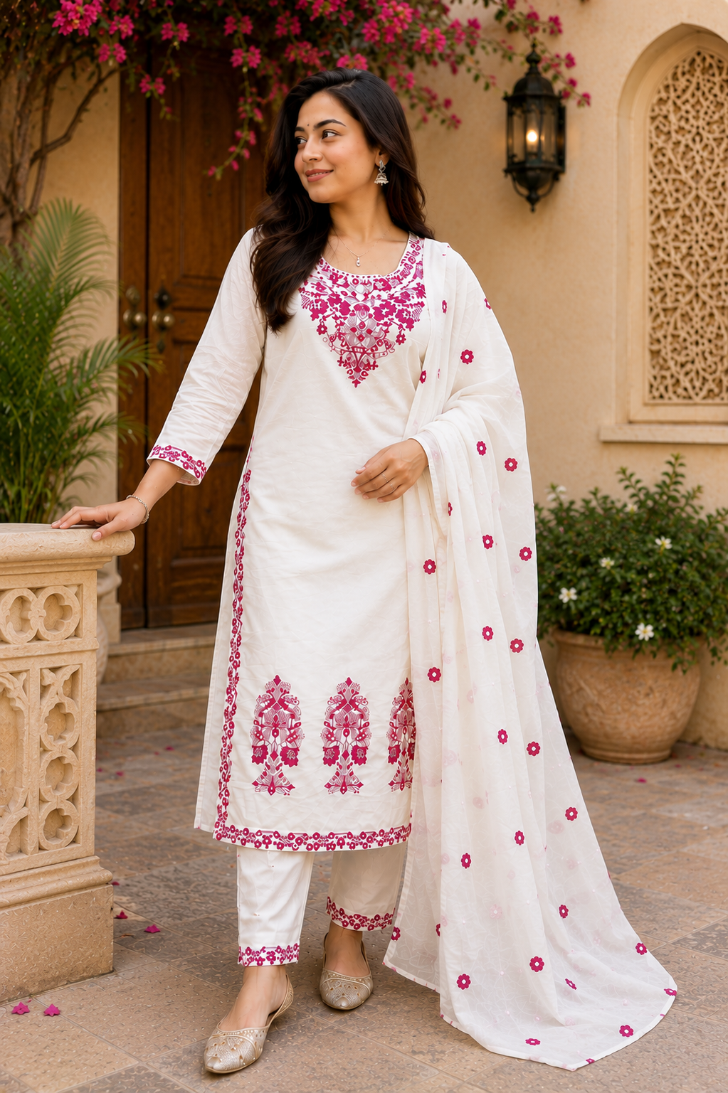 Pretty White Embroidered Cotton Suit Set
