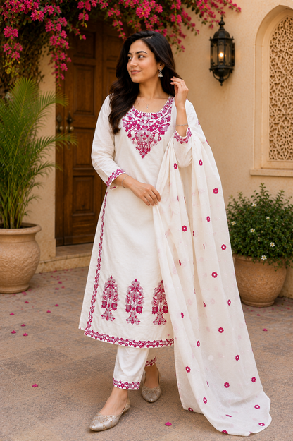 Pretty White Embroidered Cotton Suit Set