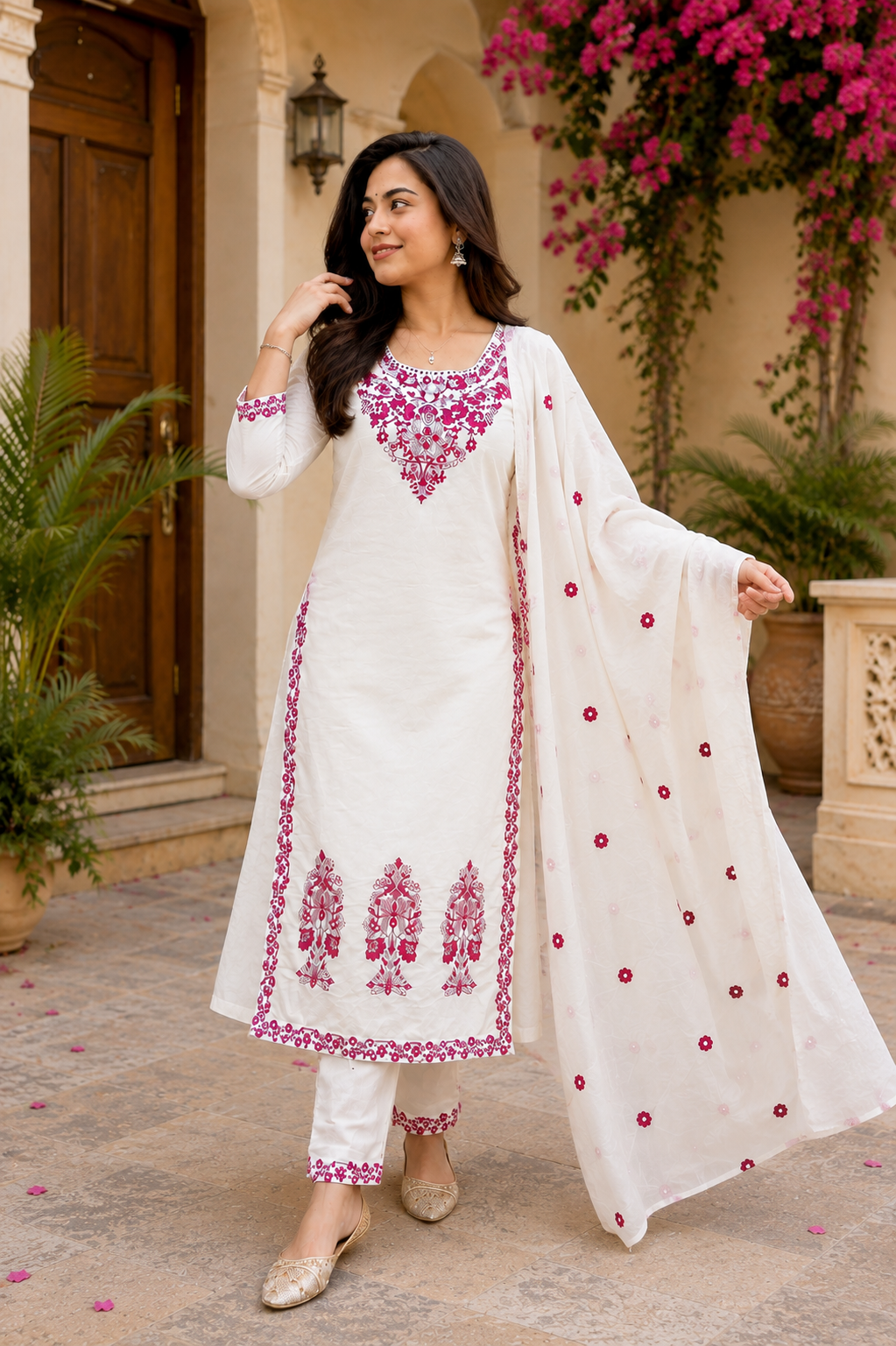 Pretty White Embroidered Cotton Suit Set