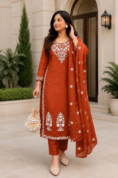 Rust Charm Embroidered Cotton Suit Set