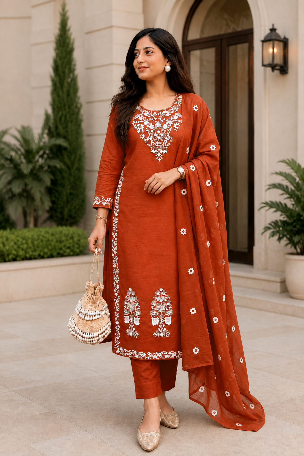 Rust Charm Embroidered Cotton Suit Set