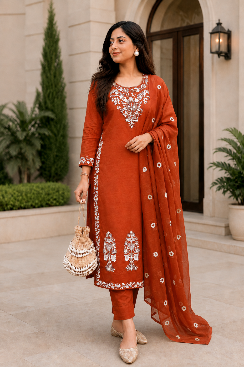 Rust Charm Embroidered Cotton Suit Set