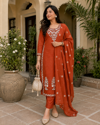 Rust Charm Embroidered Cotton Suit Set