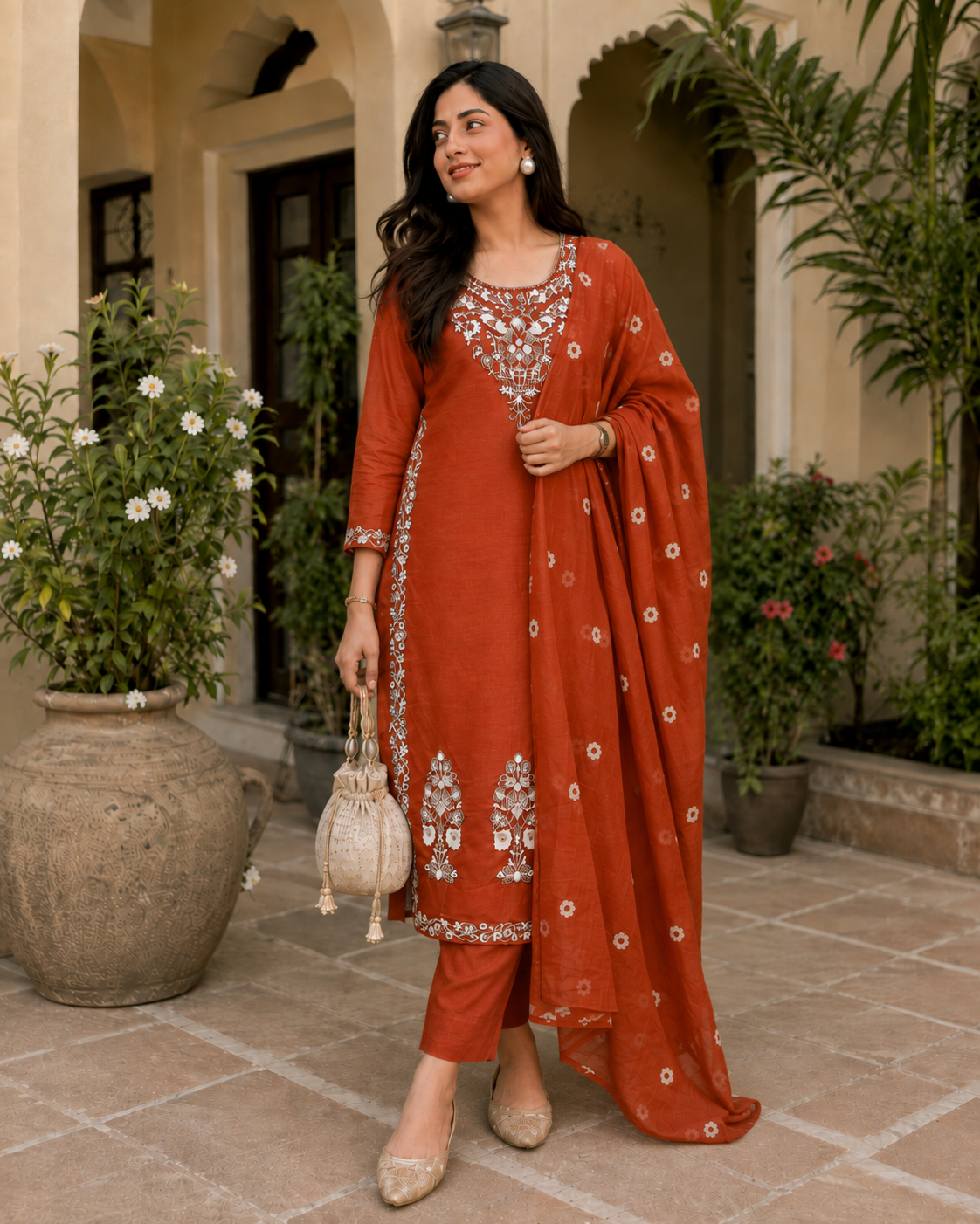 Rust Charm Embroidered Cotton Suit Set