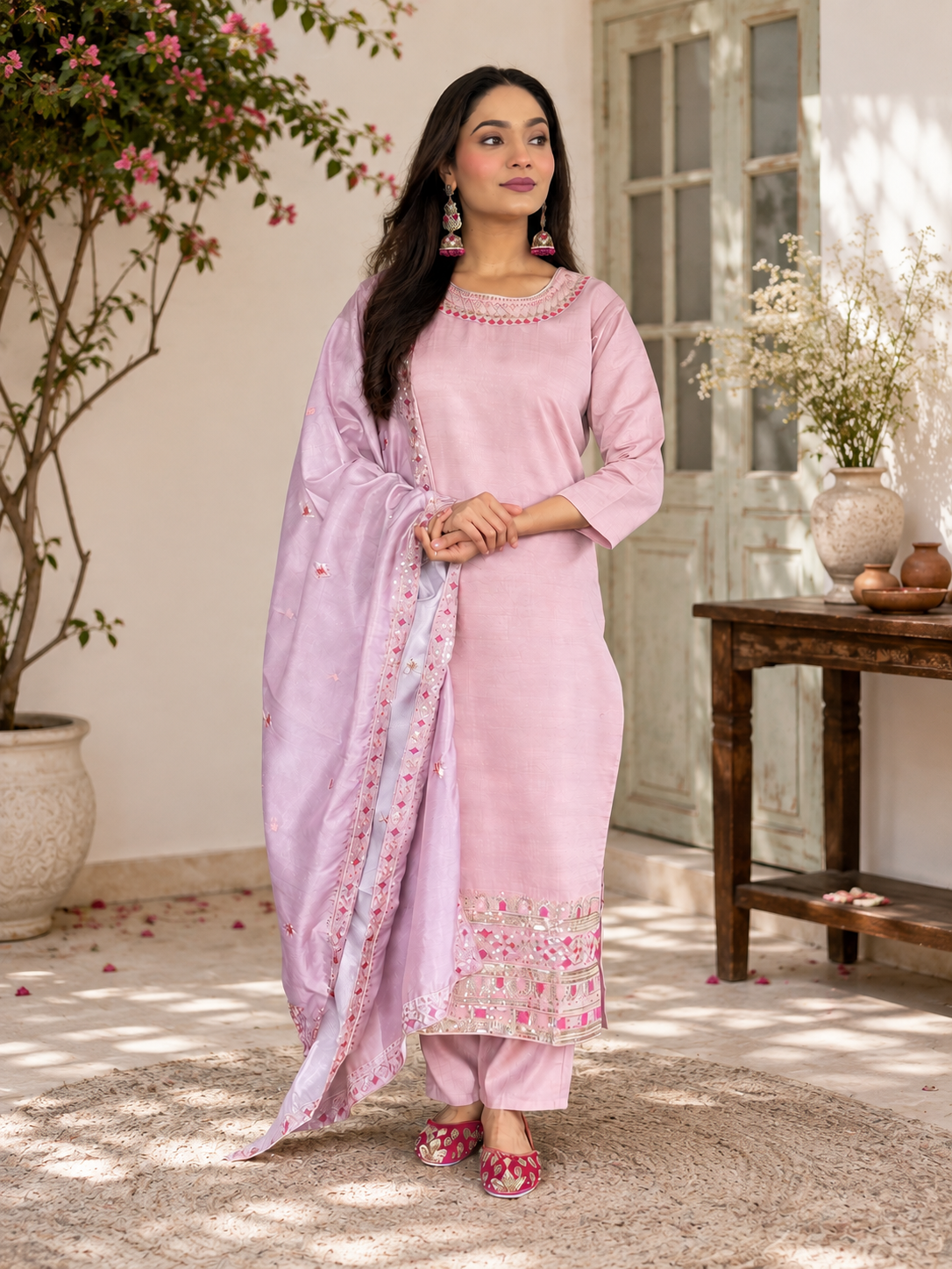 Elegant Pink Embroidered Festive Suit Set