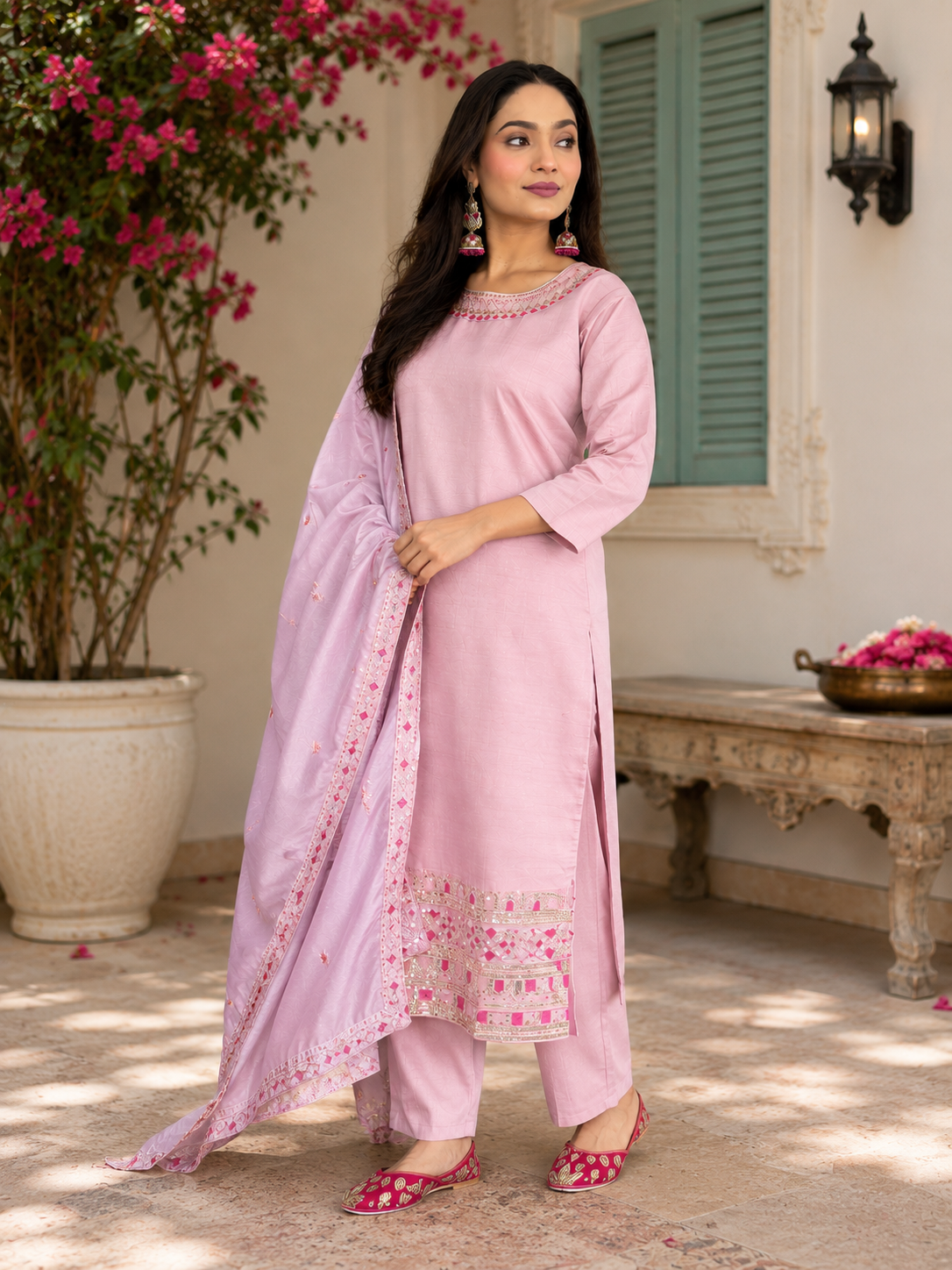 Elegant Pink Embroidered Festive Suit Set