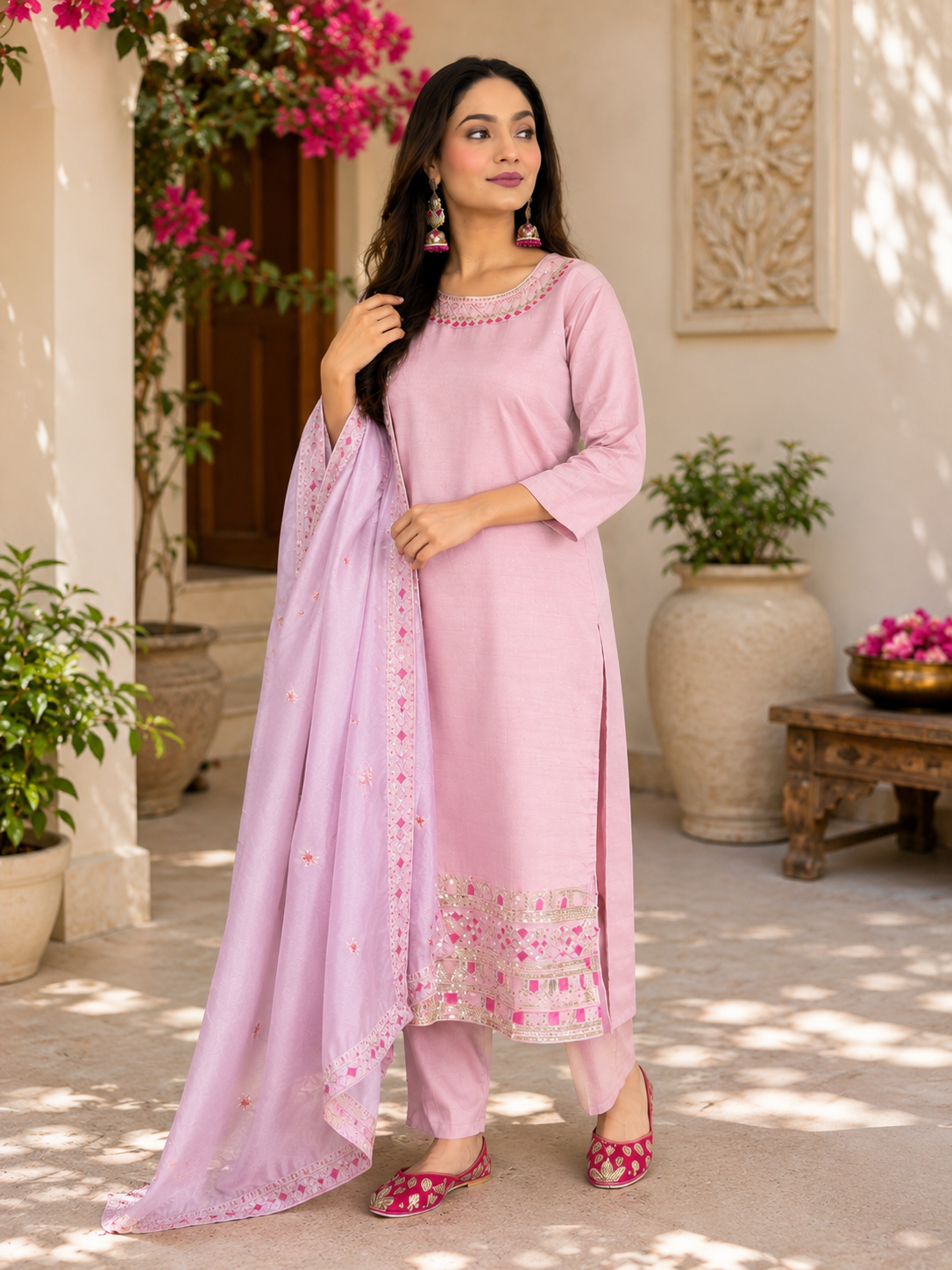 Elegant Pink Embroidered Festive Suit Set