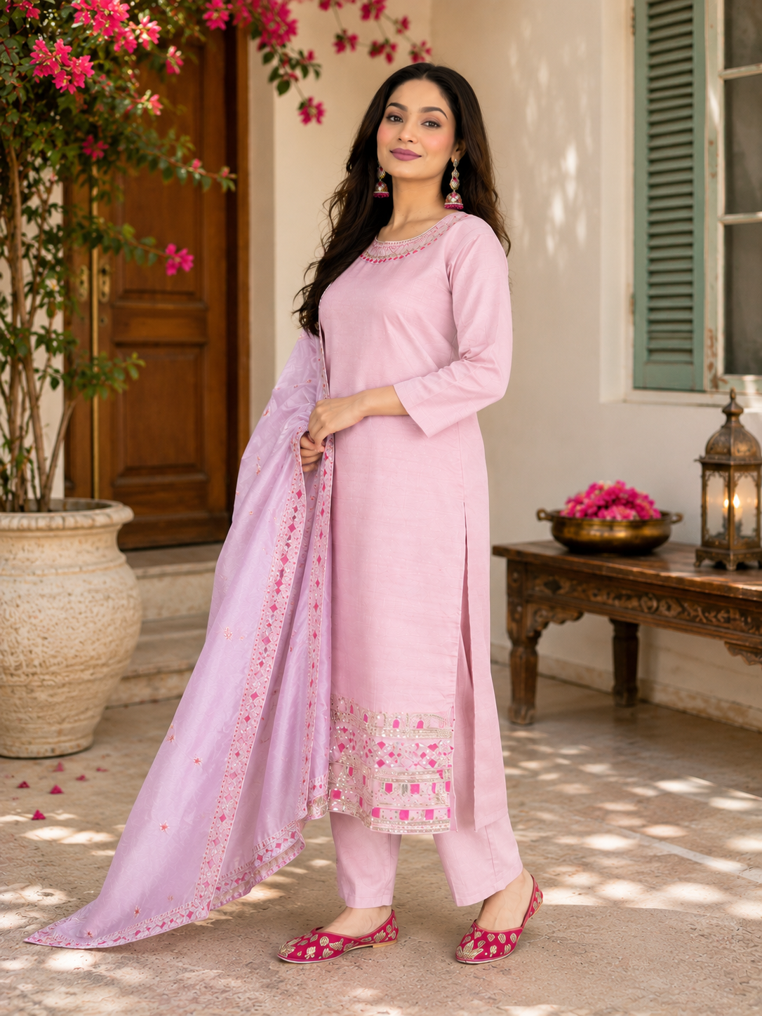 Elegant Pink Embroidered Festive Suit Set