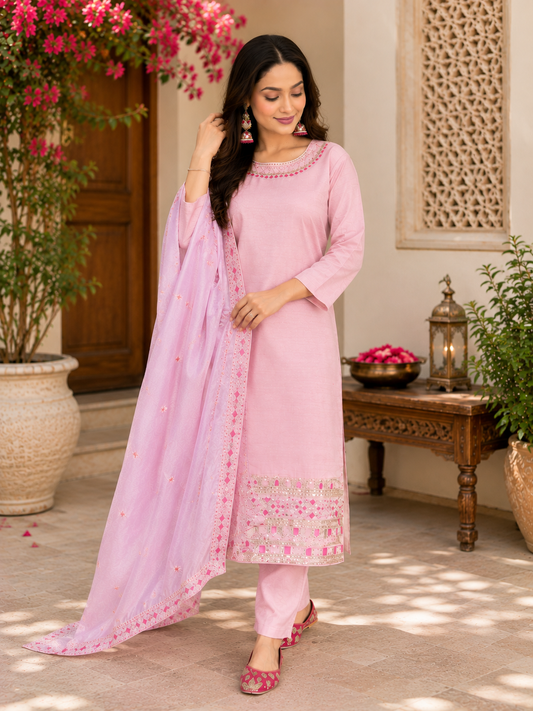 Elegant Pink Embroidered Festive Suit Set