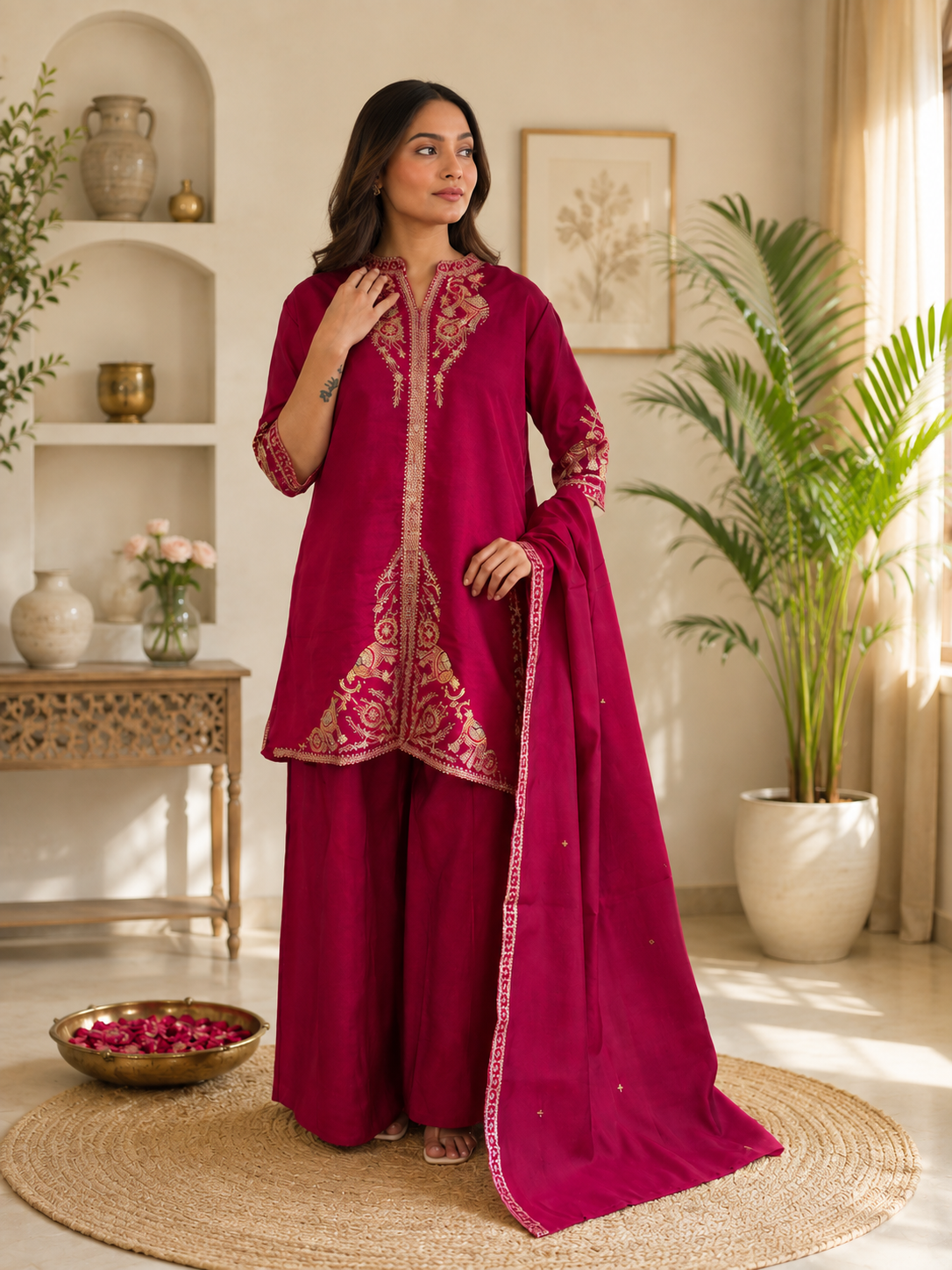 Regal Magenta Embroidered Festive Suit Set with Dupatta