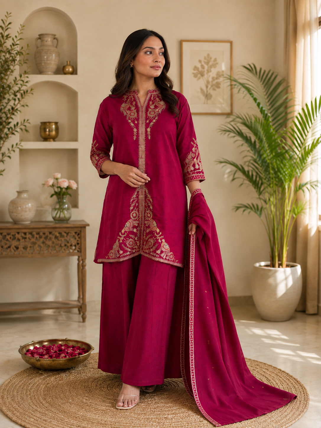 Regal Magenta Embroidered Festive Suit Set with Dupatta