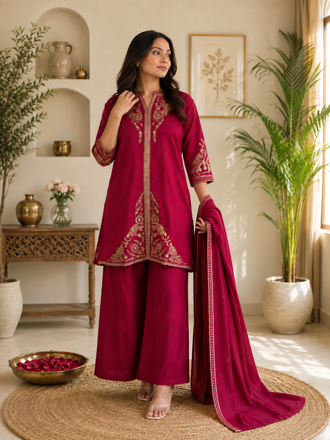Regal Magenta Embroidered Festive Suit Set with Dupatta