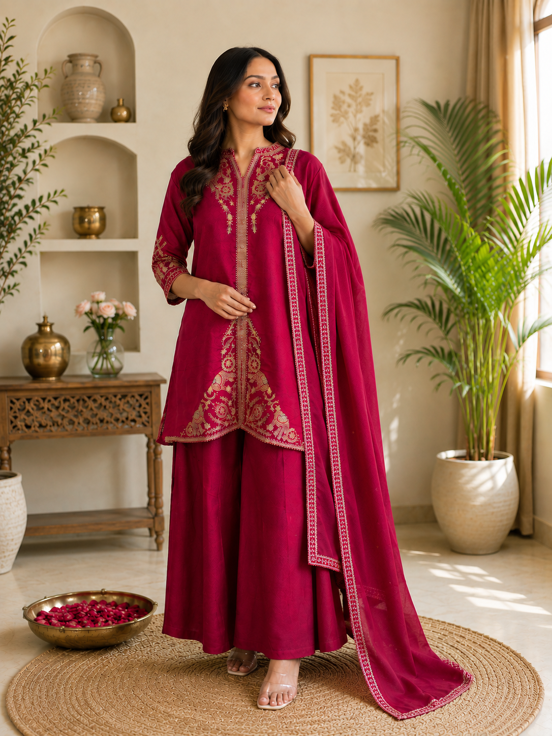 Regal Magenta Embroidered Festive Suit Set with Dupatta