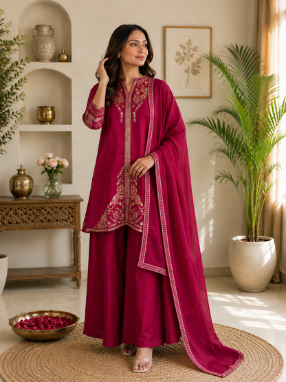 Regal Magenta Embroidered Festive Suit Set with Dupatta