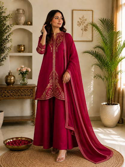 Regal Magenta Embroidered Festive Suit Set with Dupatta