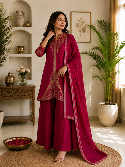 Regal Magenta Embroidered Festive Suit Set with Dupatta