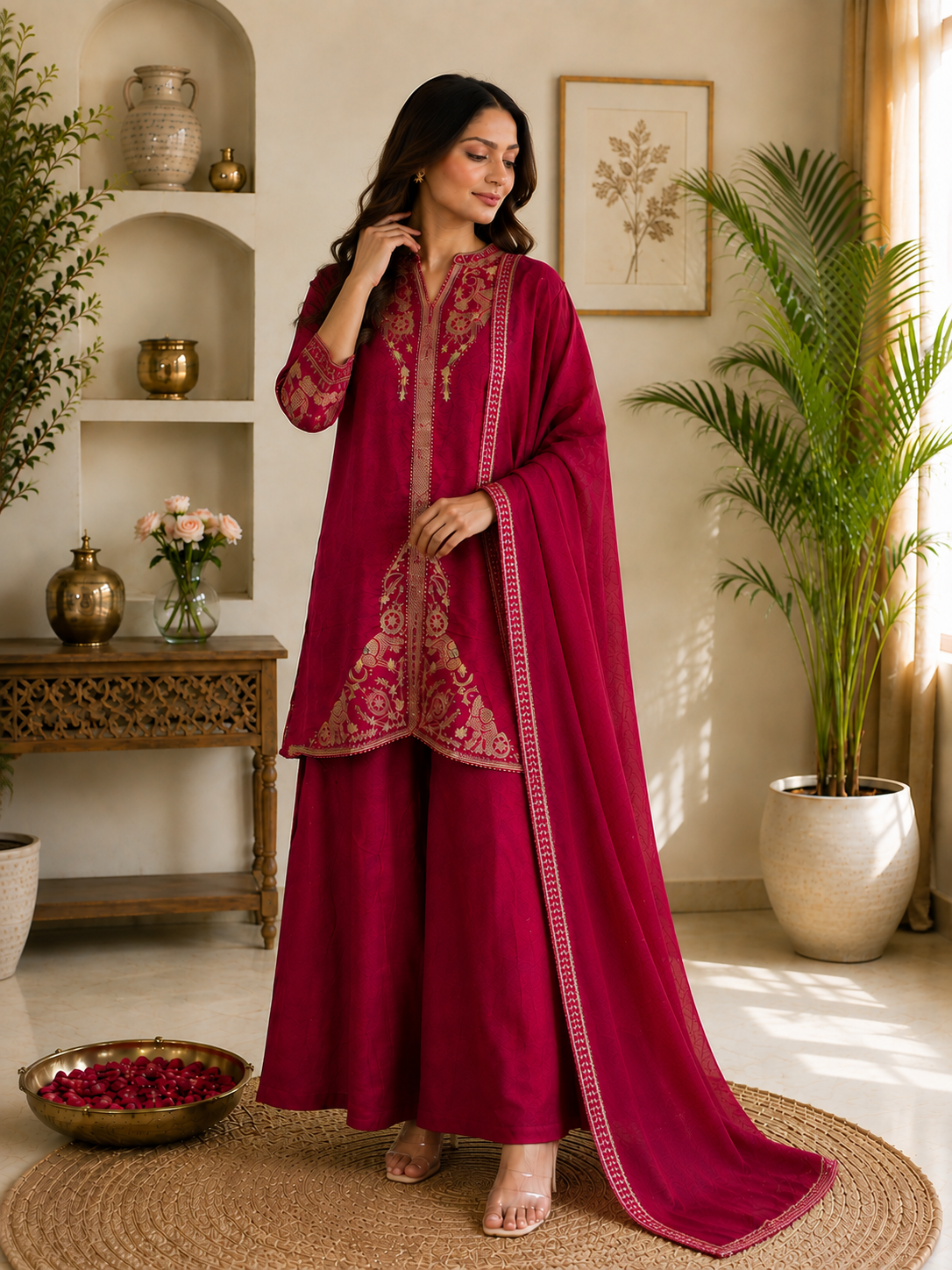 Regal Magenta Embroidered Festive Suit Set with Dupatta