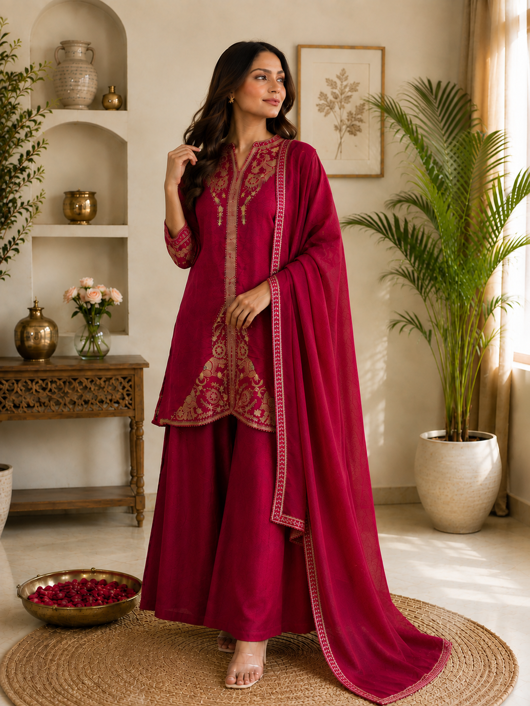 Regal Magenta Embroidered Festive Suit Set with Dupatta