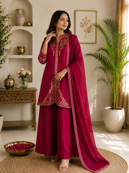 Regal Magenta Embroidered Festive Suit Set with Dupatta