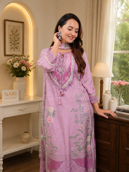 Pastel Pink Floral Embroidered Suit Set with Lace Detailing & Printed Dupatta