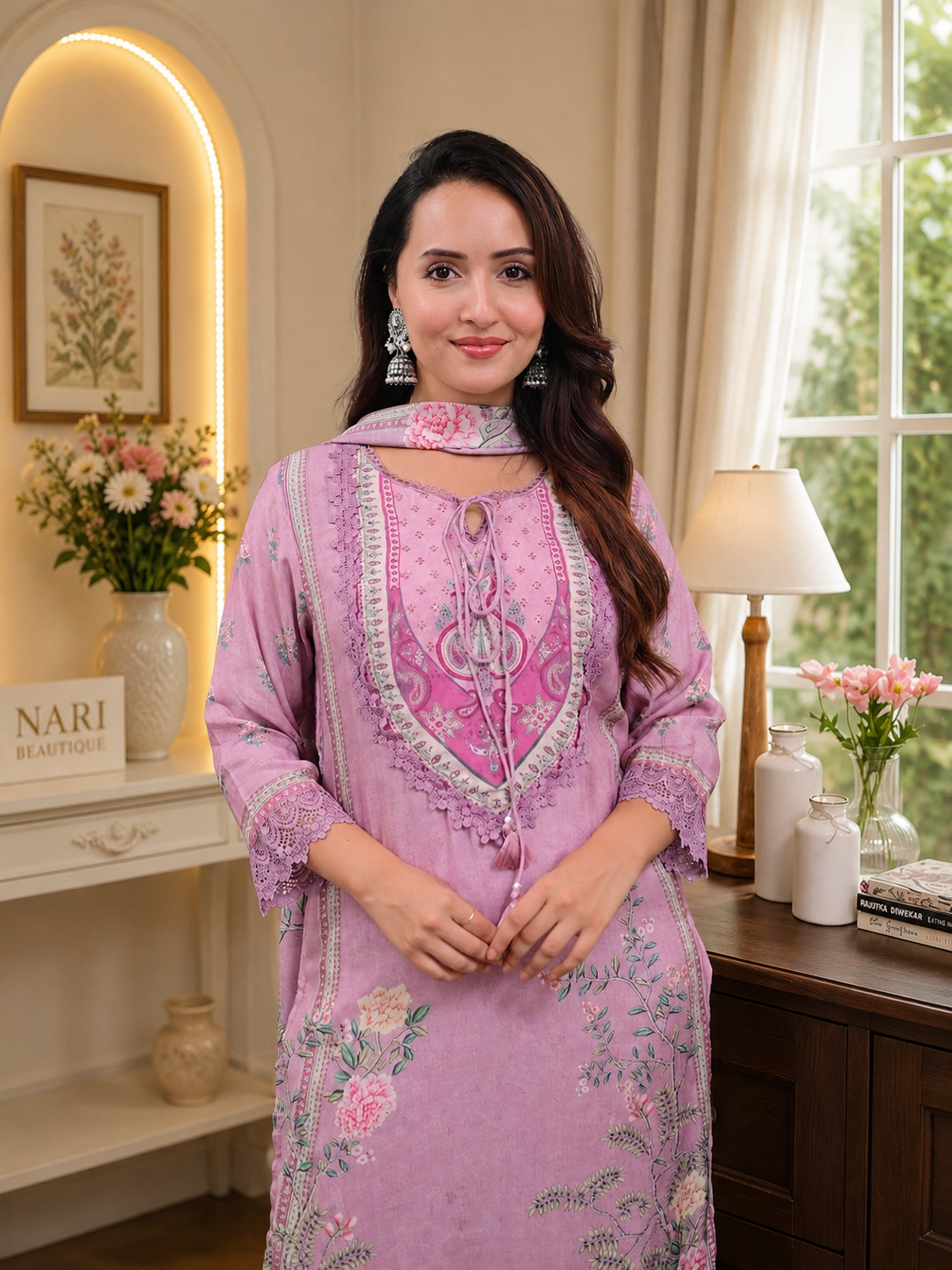 Pastel Pink Floral Embroidered Suit Set with Lace Detailing & Printed Dupatta