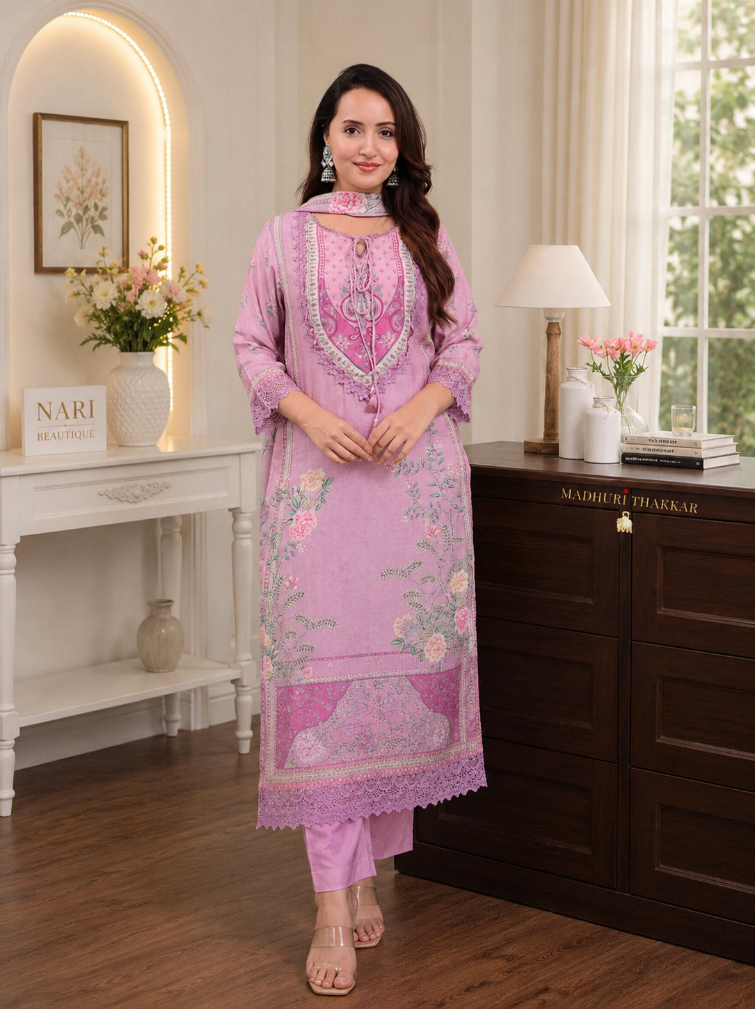 Pastel Pink Floral Embroidered Suit Set with Lace Detailing & Printed Dupatta